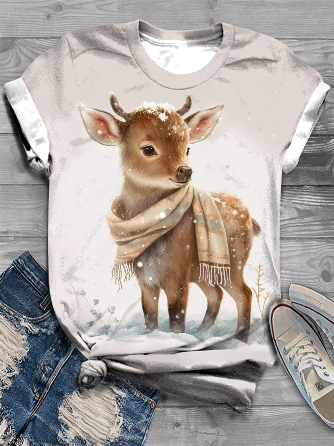 Baby Reindeer Print Crew Neck T-Shirt