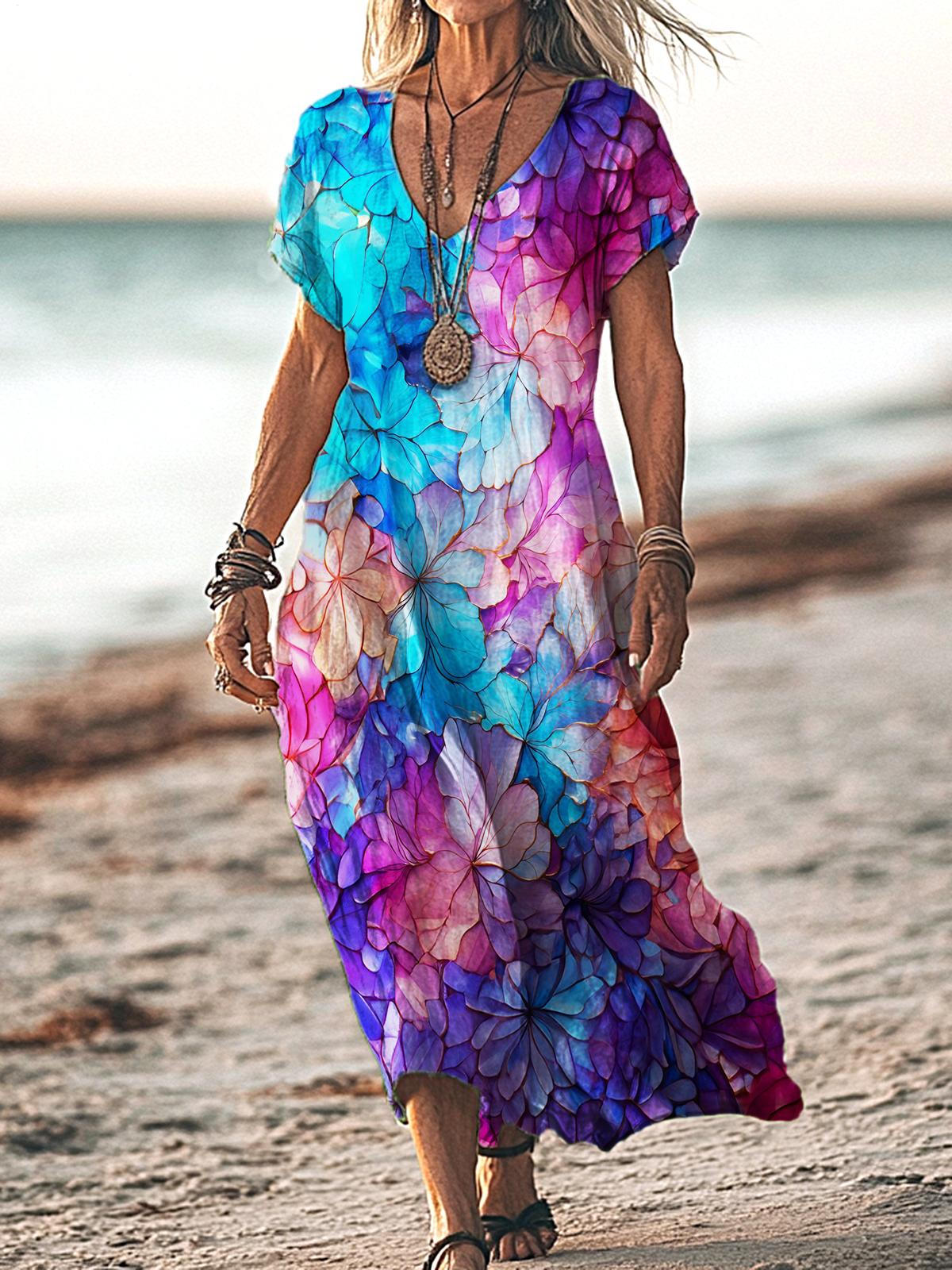 Colorful Floral V-neck Short Sleeved Long Dress