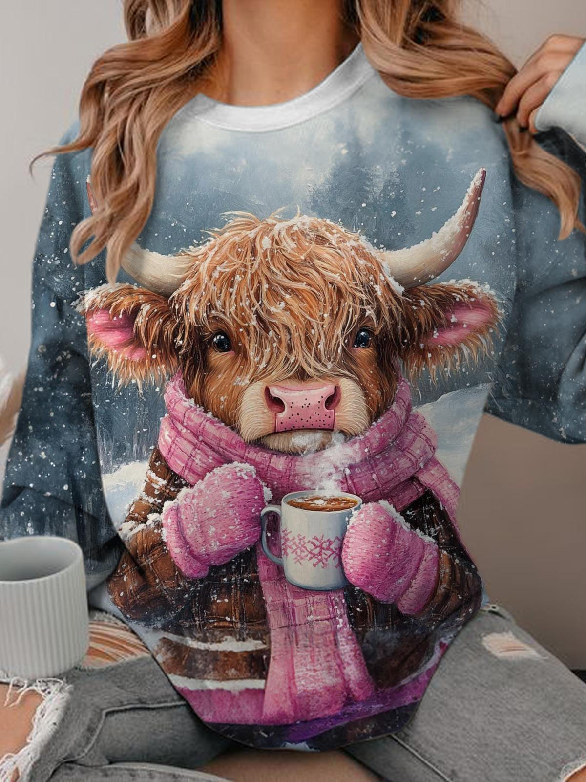 Women's Funny Cow Winter Crew Neck Casual Sweatshirt