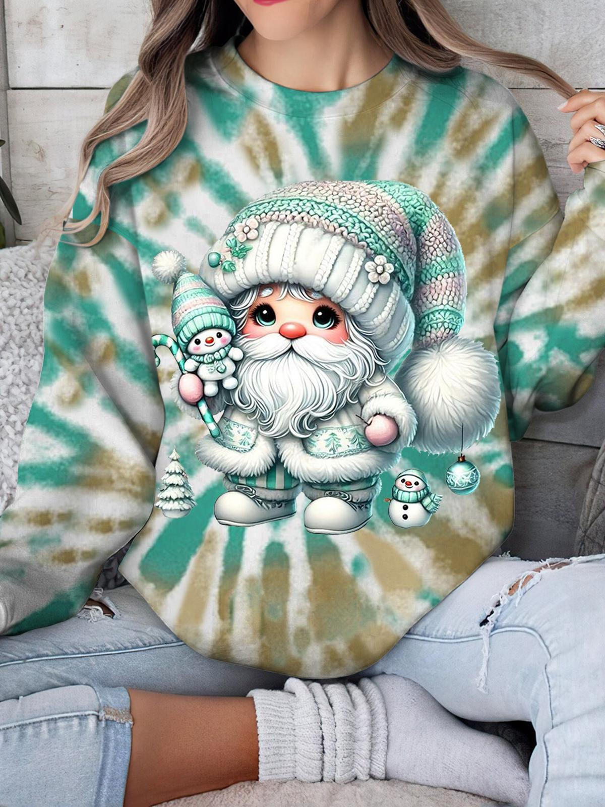 Women's Christmas Cute Gnome Print Long Sleeve Top