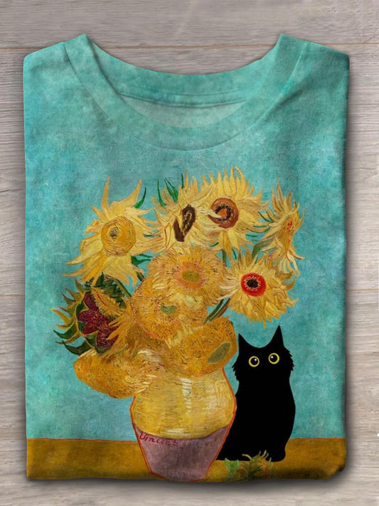 Sunflower Black Cat Crew Neck T-shirt