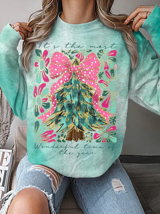 Women's Colorful Glitter Coquette Christmas Tree Crew Neck Casual Sweatshirt