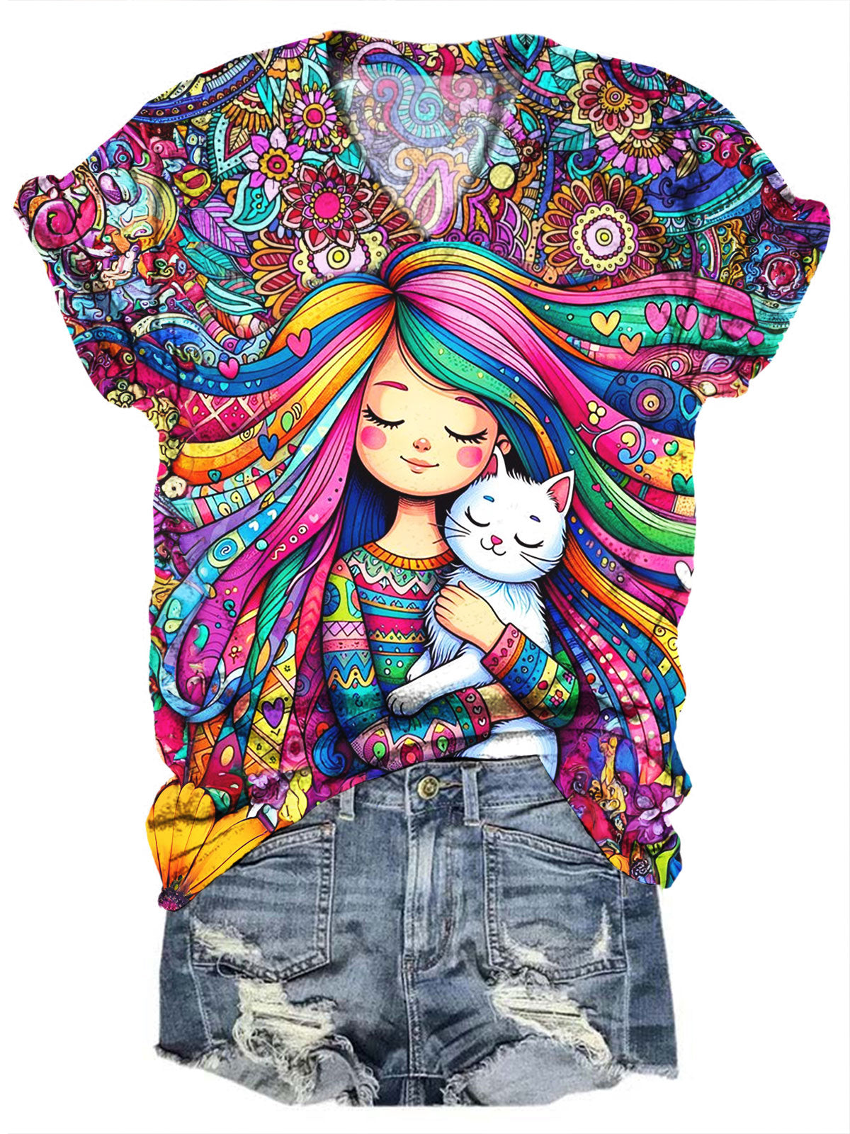 Girls Cat Print Casual Top