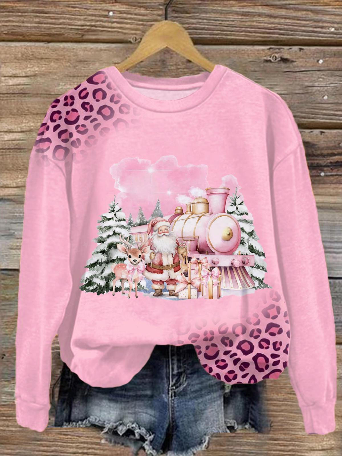 Women's Christmas Train Santa Claus Crew Neck Casual Sweatshirt