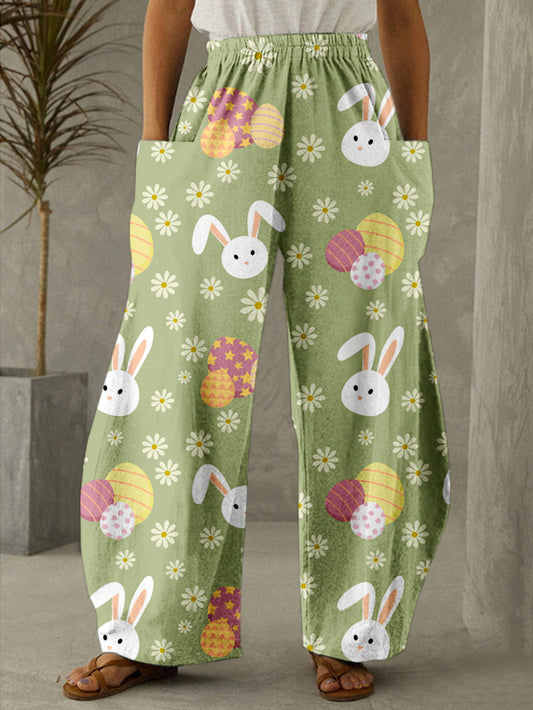 Easter Cute Bunny Flowers Print Casual Pants