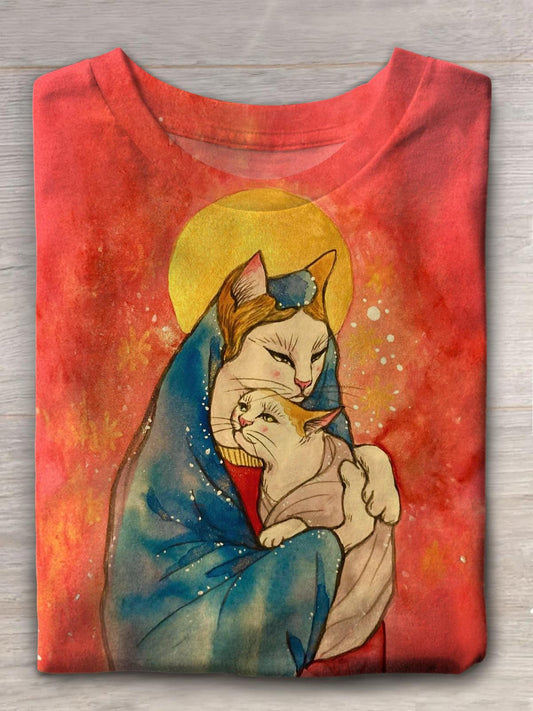 Cat Creative Art Mary Christian Faith Print T-shirt