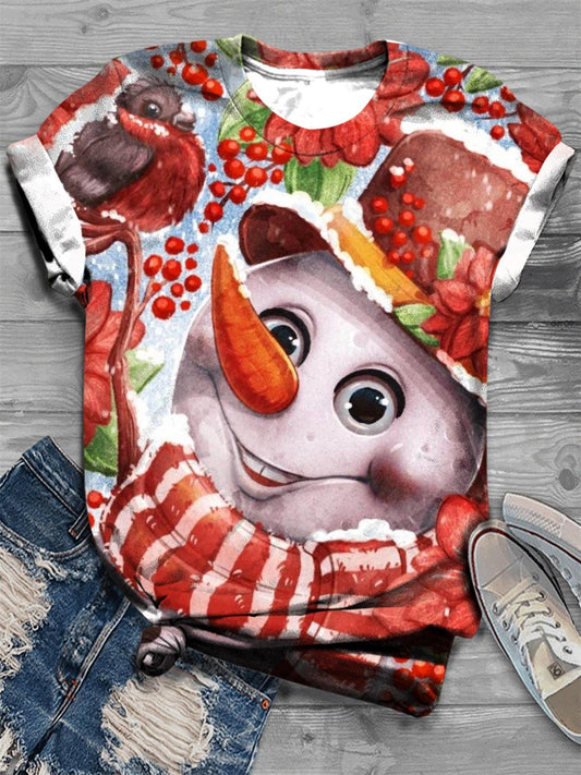 Christmas Color Snowman Crew Neck T-Shirt