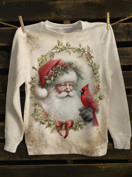 Vintage Santa with Cardinal Printed Long Sleeve Sweatshirt