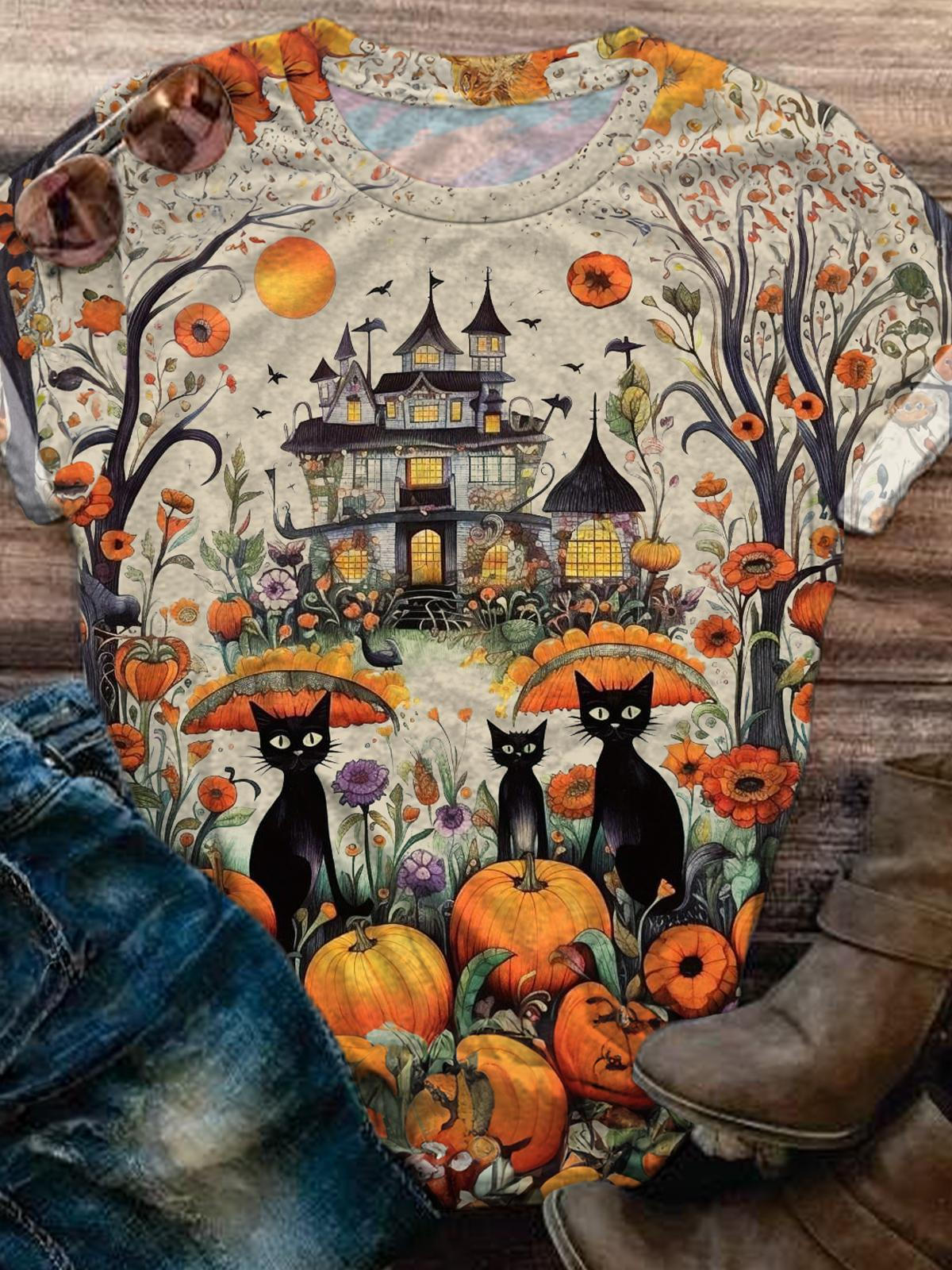 Fall Pumpkins And Cats Crew Neck T-shirt