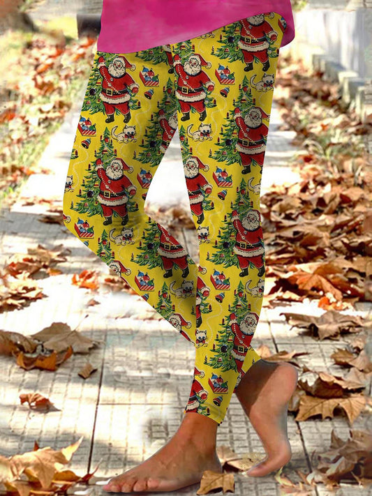 Women's Christmas Tree Santa Print Stretch Leggings