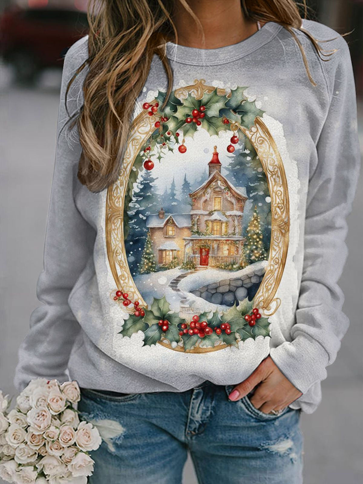 Winter Christmas Print Long Sleeve Casual Top