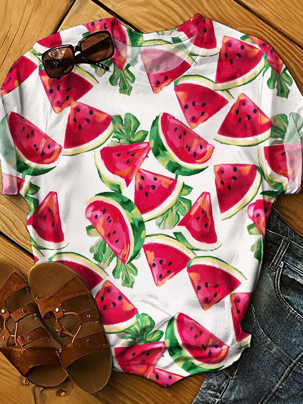 Summer Vacation Watermelon Print Crew Neck T-shirt