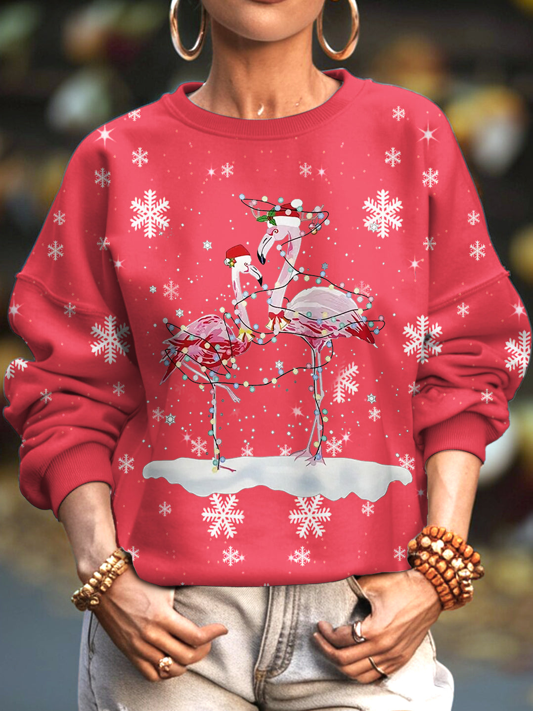 Women's Winter Christmas Flamingo Lantern Crew Neck Casual Sweatshirt