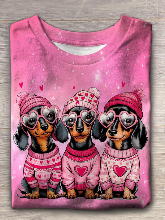 Pink Love Valentine Dachshund Dog Crew Neck T-shirt