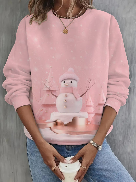 Winter Pink Snowman Printed Long Sleeve Casual Top