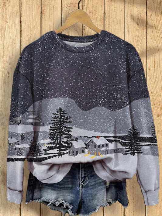 Women's Winter Town Snow Scene Print Long Sleeve Top