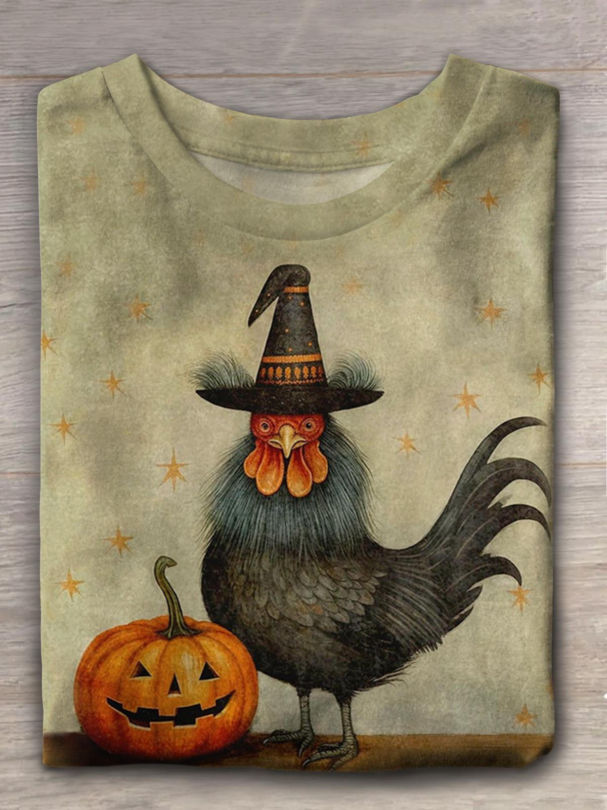 Halloween Pumpkin Rooster Funny Retro Print Short Sleeve T-shirt