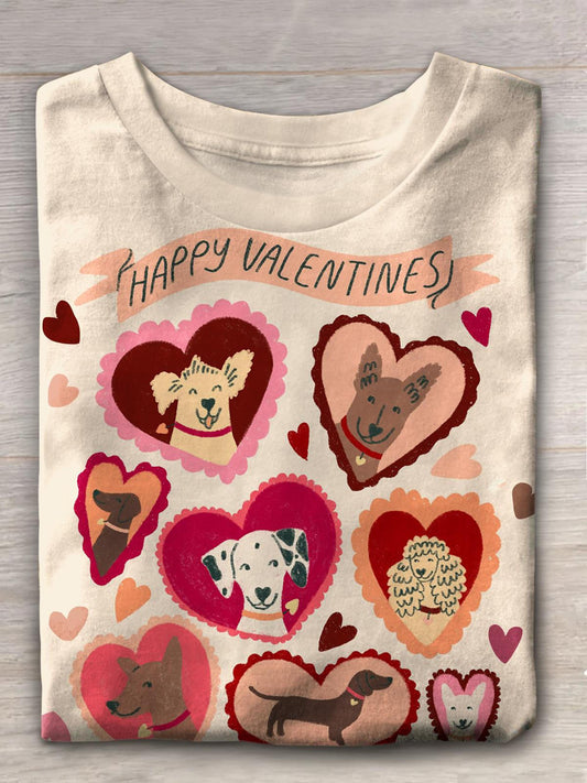 Happy Valentine's Day Cute Animal Puppy Print Casual T-shirt