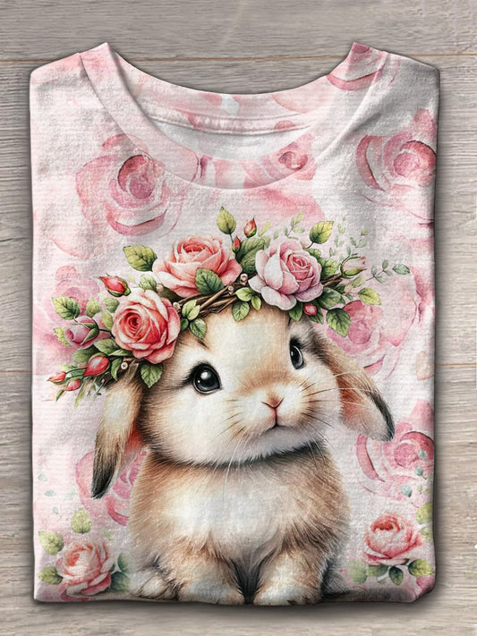 Cute Rabbit With A Rose Wreath Crew Neck T-shirt