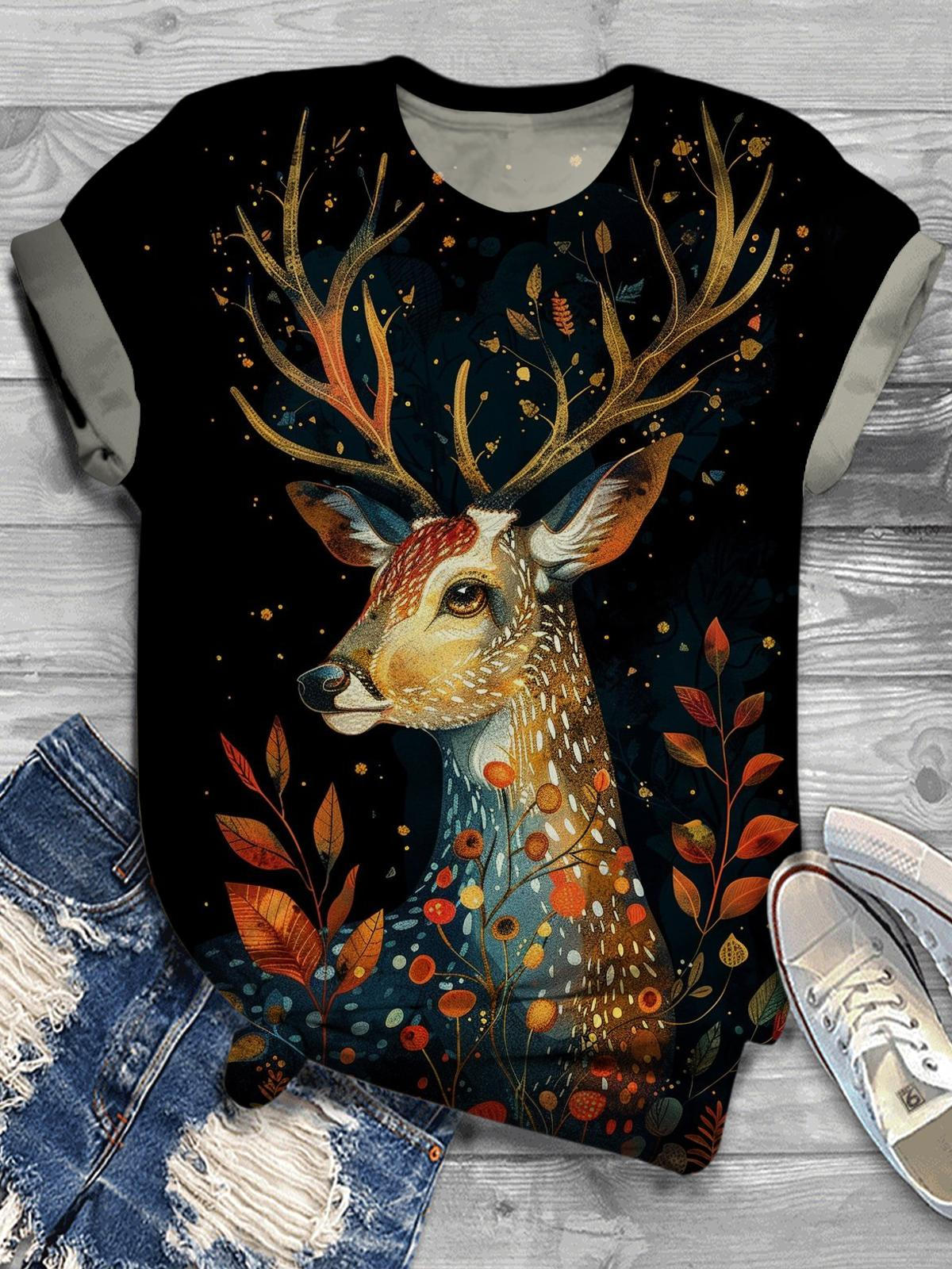 A Deer Surrounded By Flowers Crew Neck T-shirt