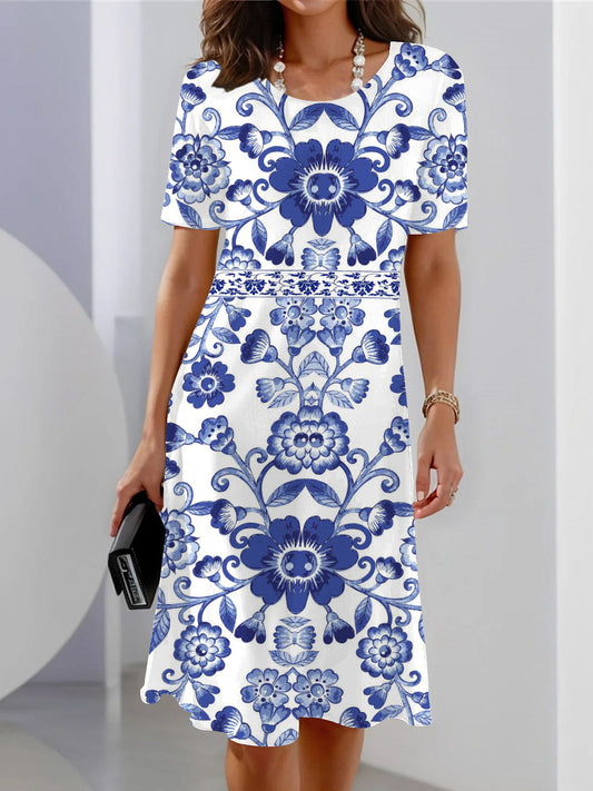 Blue And White Porcelain Flower Print Short Sleeve Crew Neck Dress