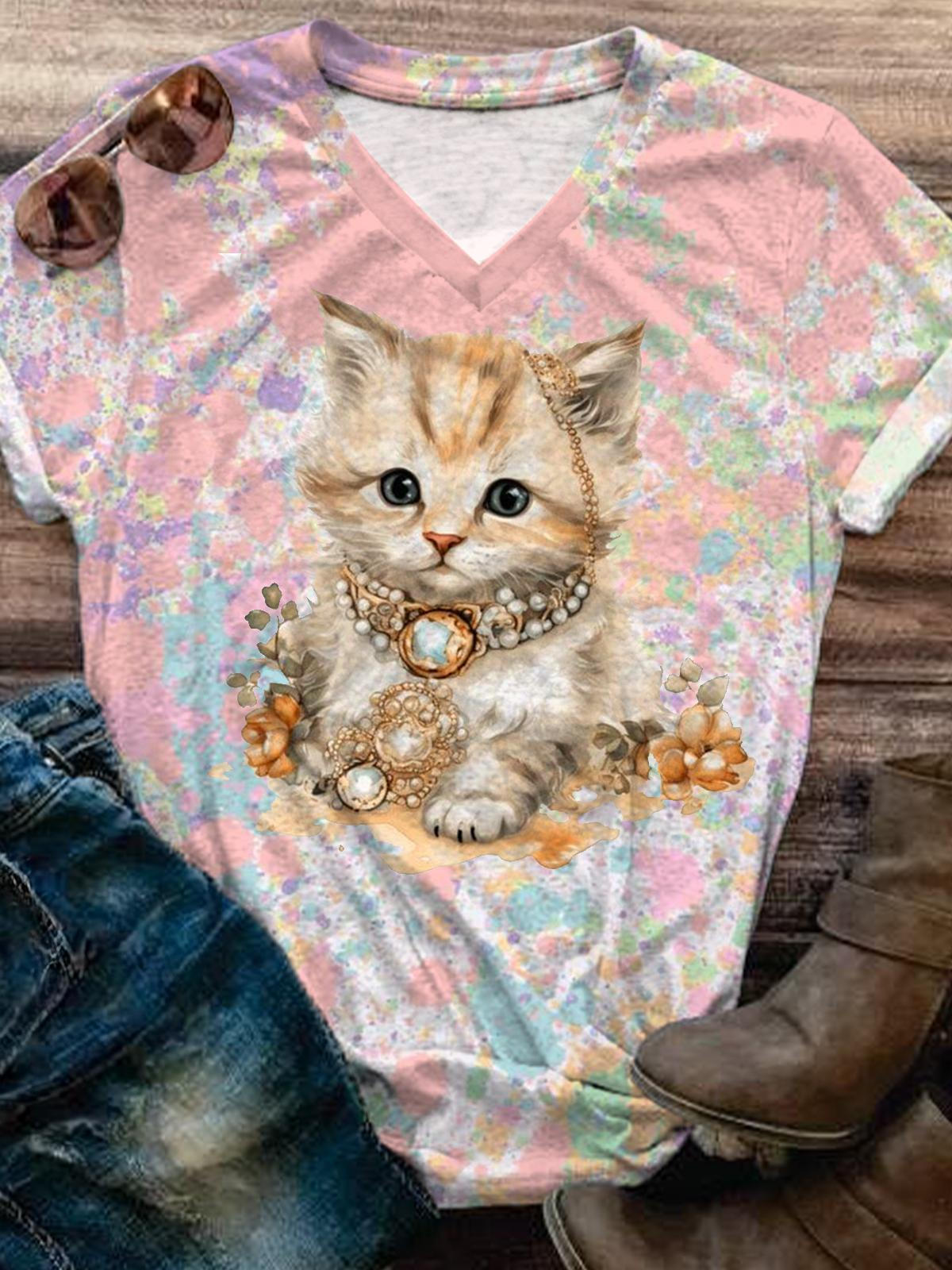 Women's Summer Tie-Dye Cat V-Neck Top T-Shirt