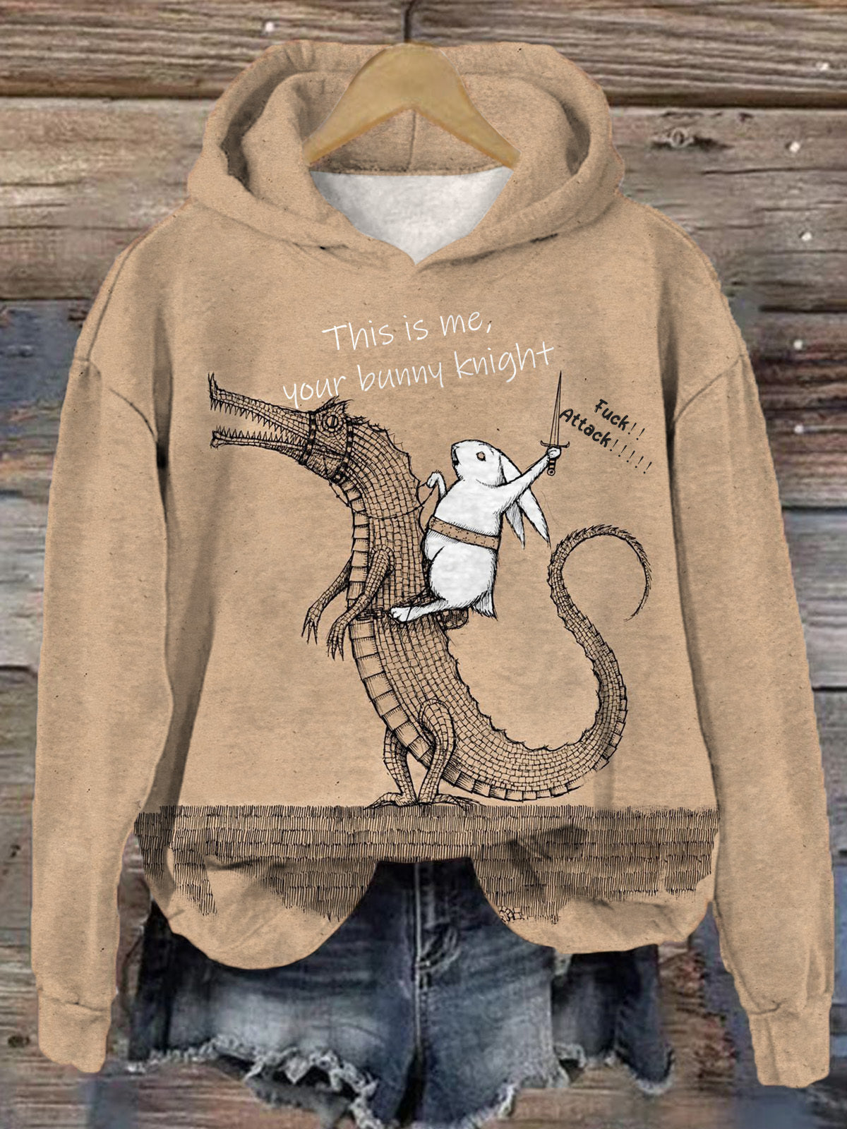 Your Bunny Knight Dinosaur Rabbit Retro Print Casual Long Sleeve Top