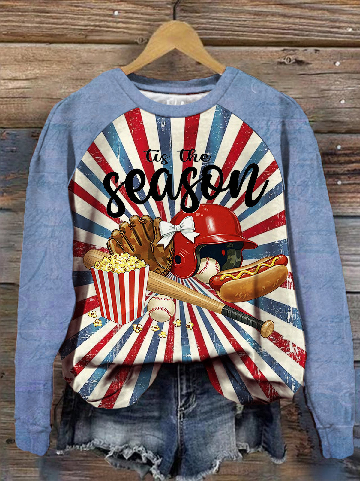 Tis The Season Baseball Props Fun Illustration Print Long Sleeve Top