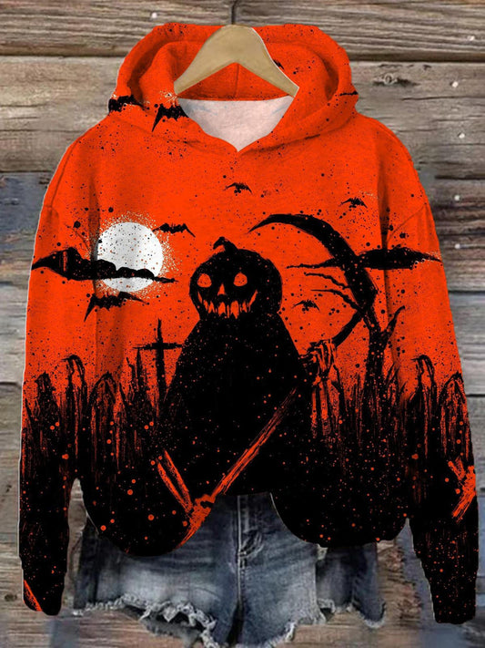 Women's Halloween Pumpkin Scythe Floral Print Crew Neck Casual Top