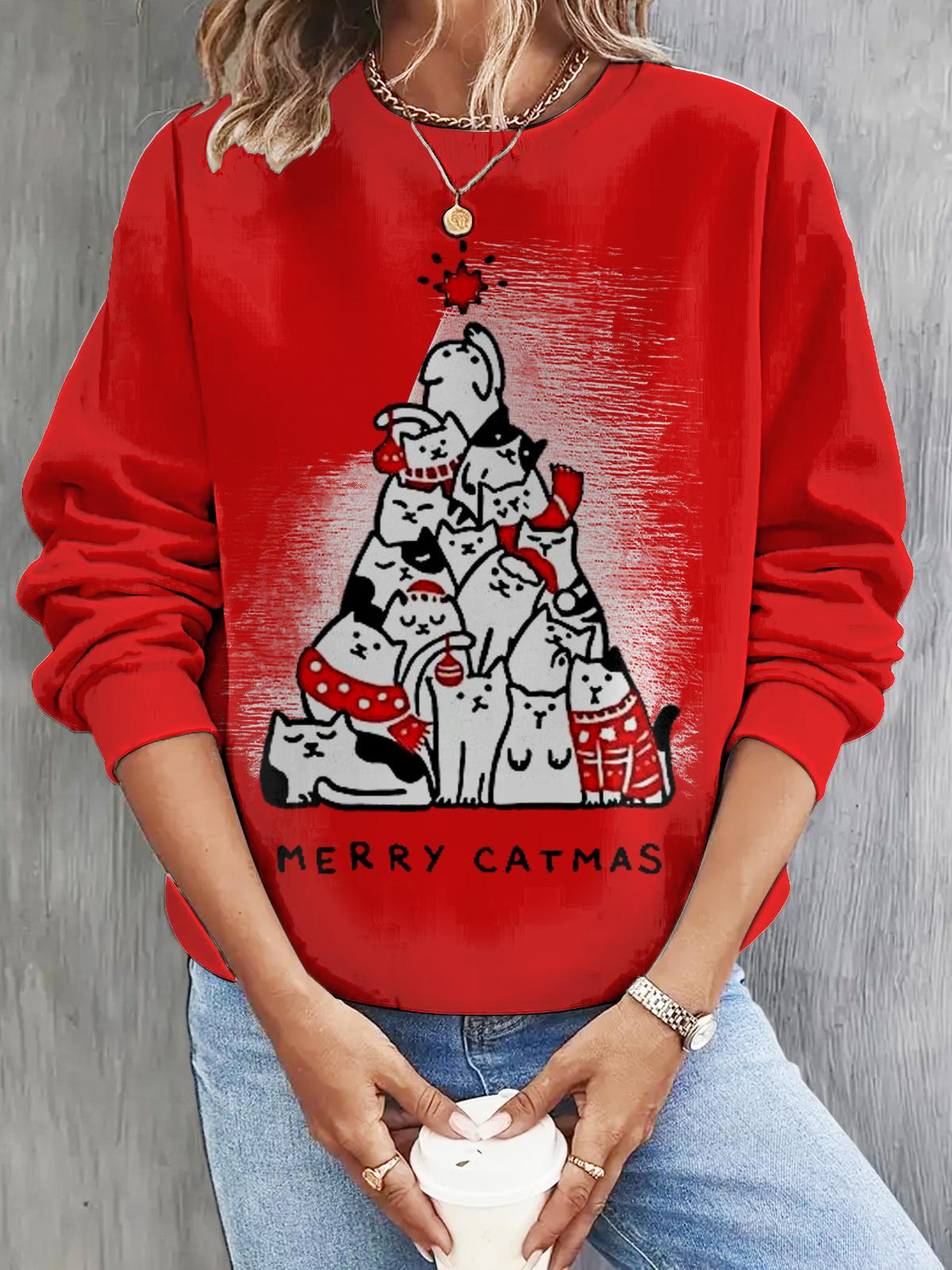 Women's Christmas Kitten Print Long Sleeve Casual Top