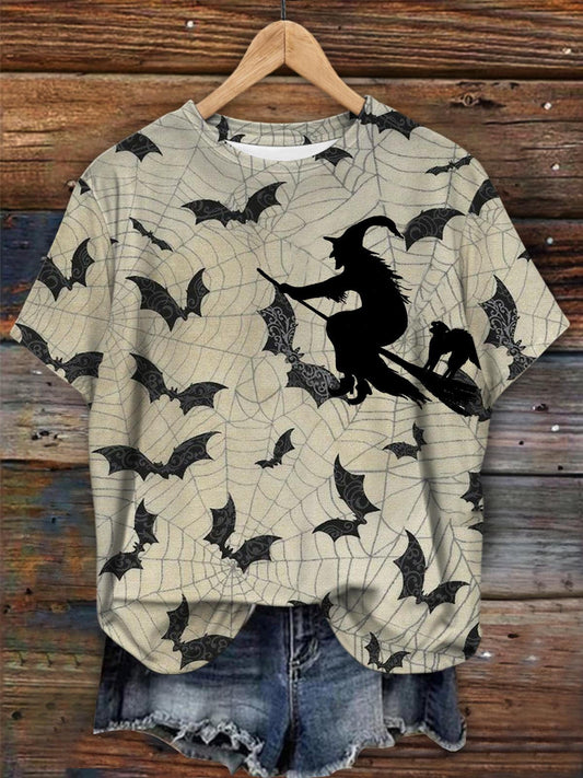 Women's Halloween Bat Witch Print Short Sleeve Crew Neck T-Shirt