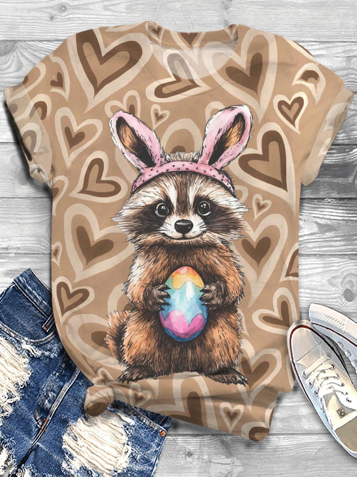 Cute Raccoon Easter Crew Neck T-shirt