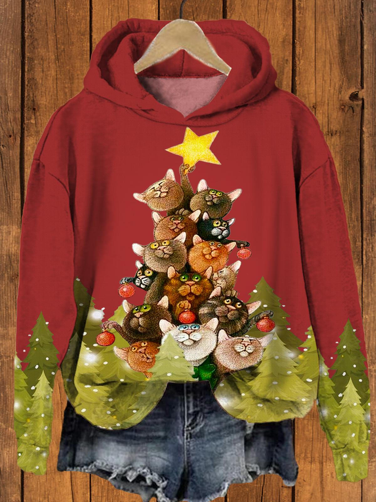 Women's Christmas Cat Christmas Tree Long Sleeve Printed Hoodie