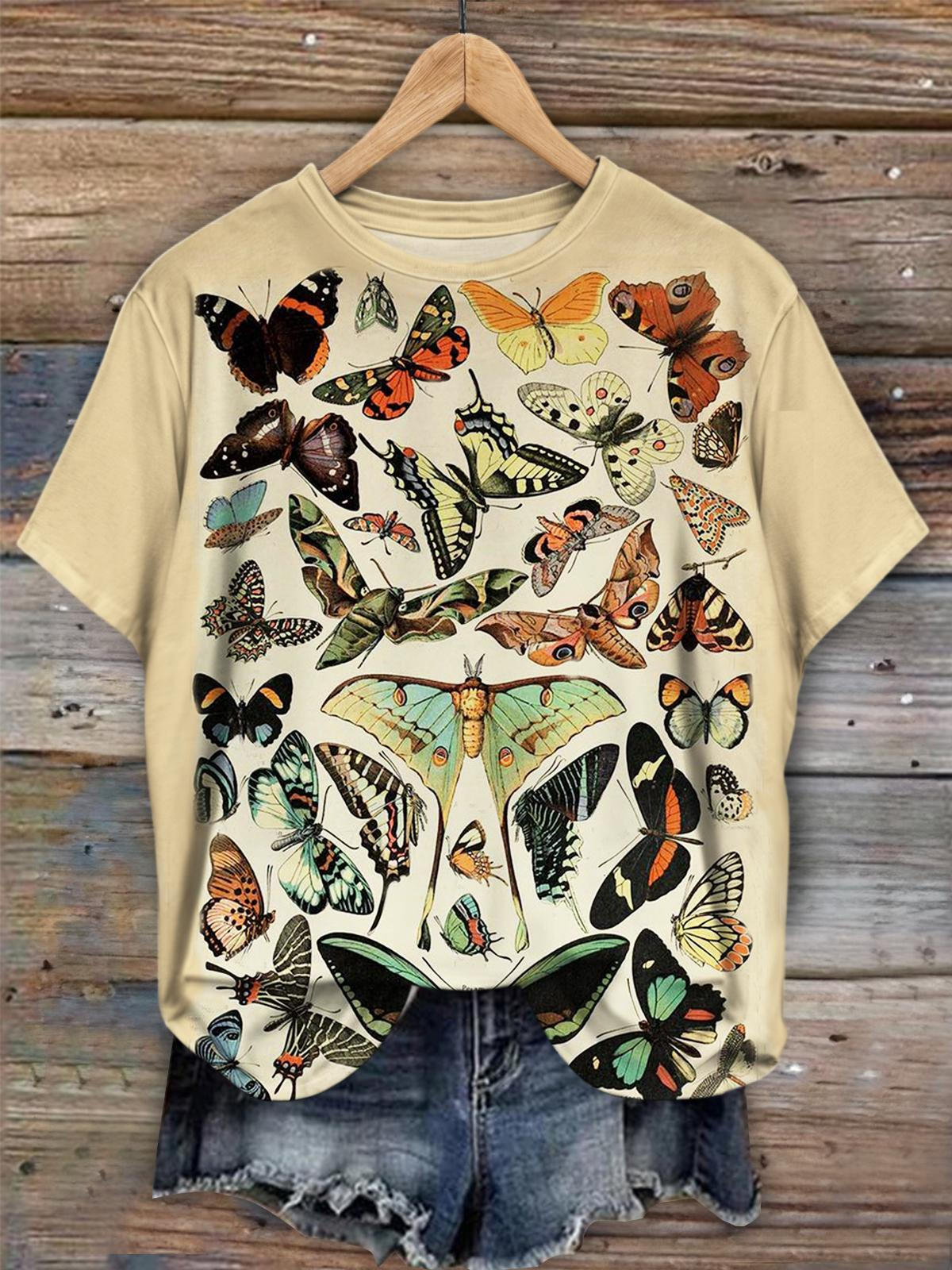 Women's Vintage Butterfly Print Crew Neck T-Shirt