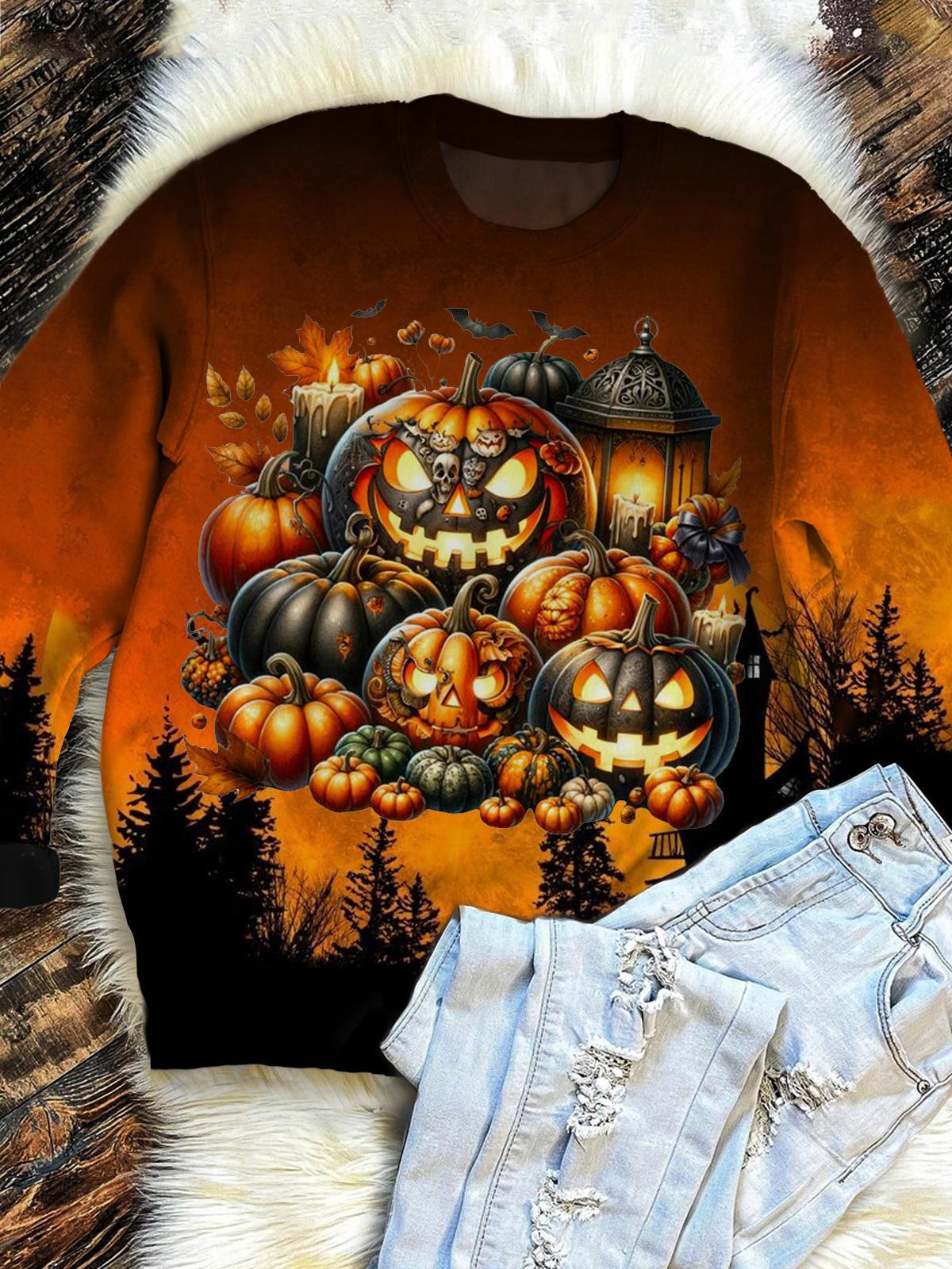 Women's Halloween Pumpkin Night Sky Long Sleeve Top