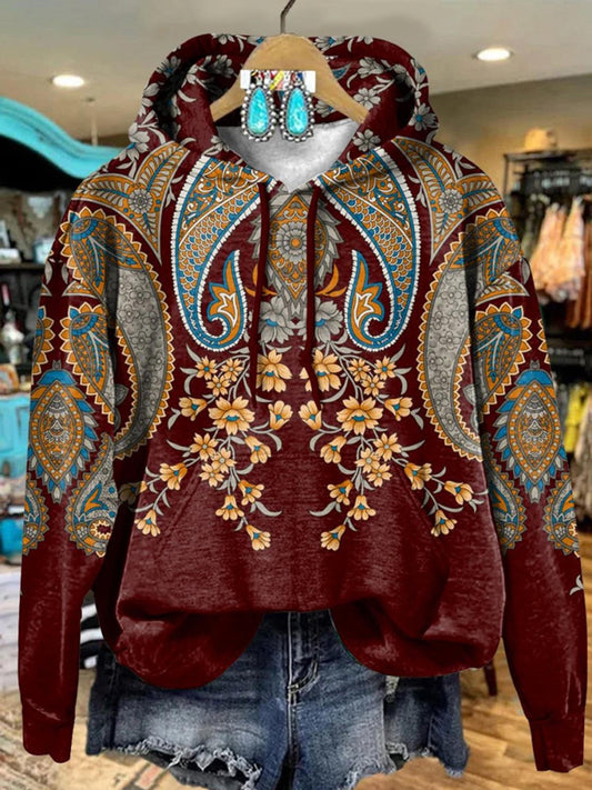 Vintage Cashew Pattern Long Sleeve Printed Hoodie