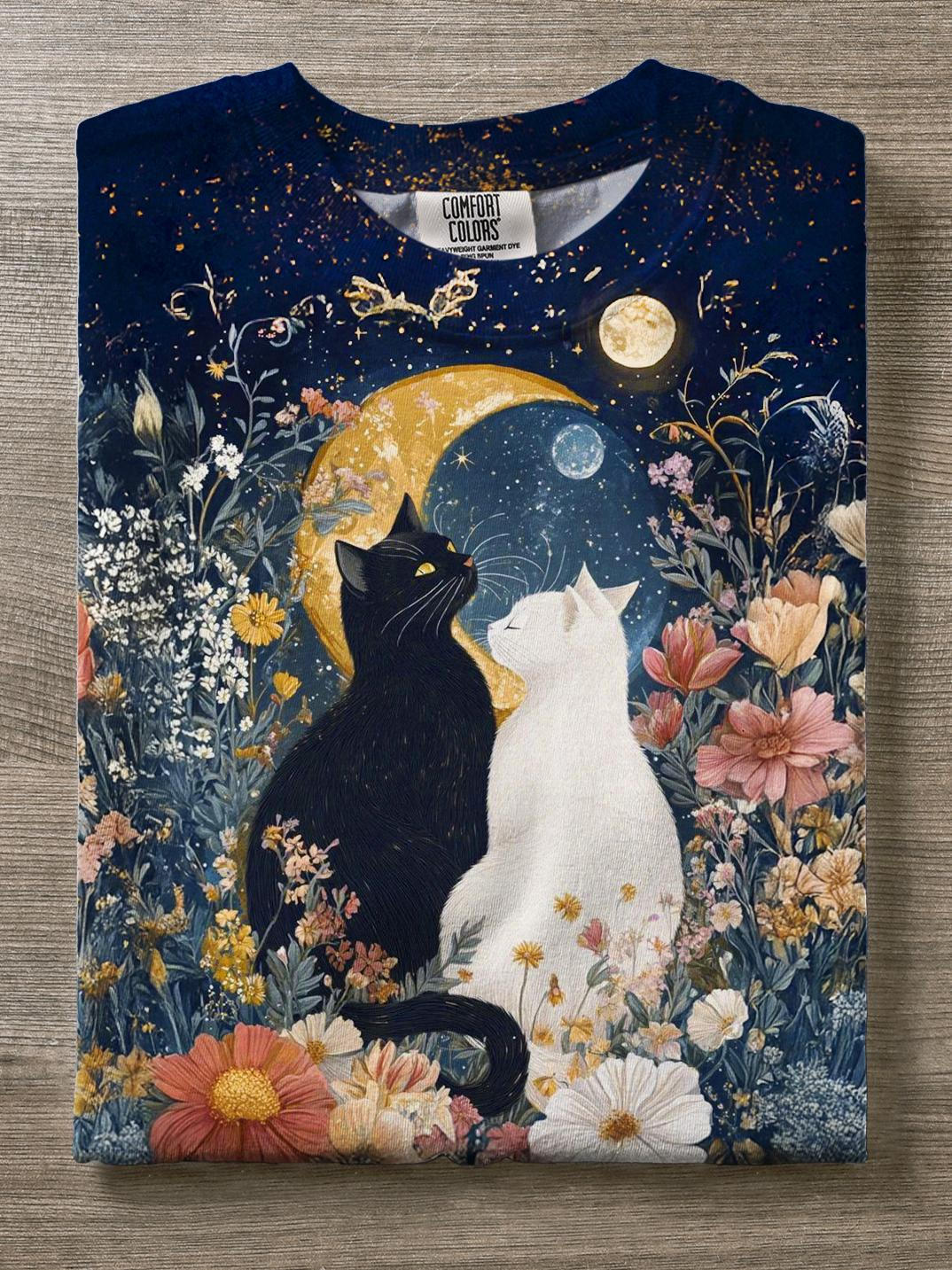 Night Sky Starry Cute Cat Companion Floral Print T-shirt