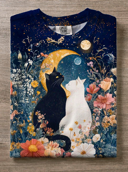 Night Sky Starry Cute Cat Companion Floral Print T-shirt