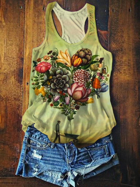 Retro Flower Heart-Shaped Illustration Printed Casual Tank Top