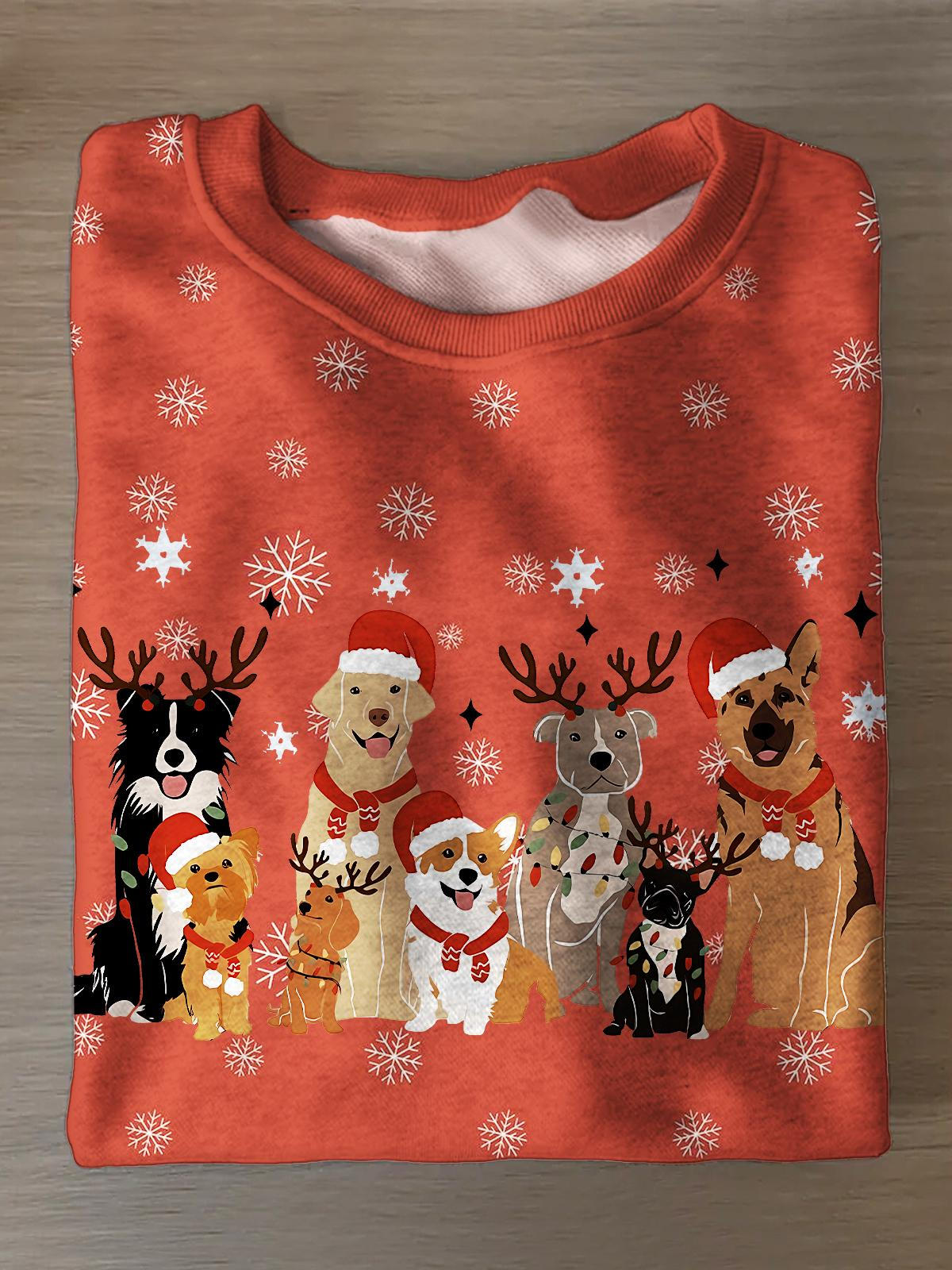 Women's Vintage Christmas Puppy Print Long Sleeve Casual Top