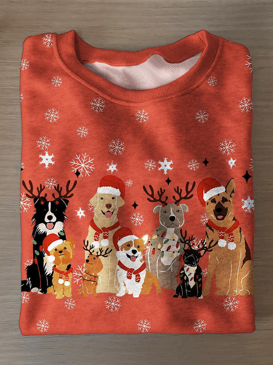 Women's Vintage Christmas Puppy Print Long Sleeve Casual Top