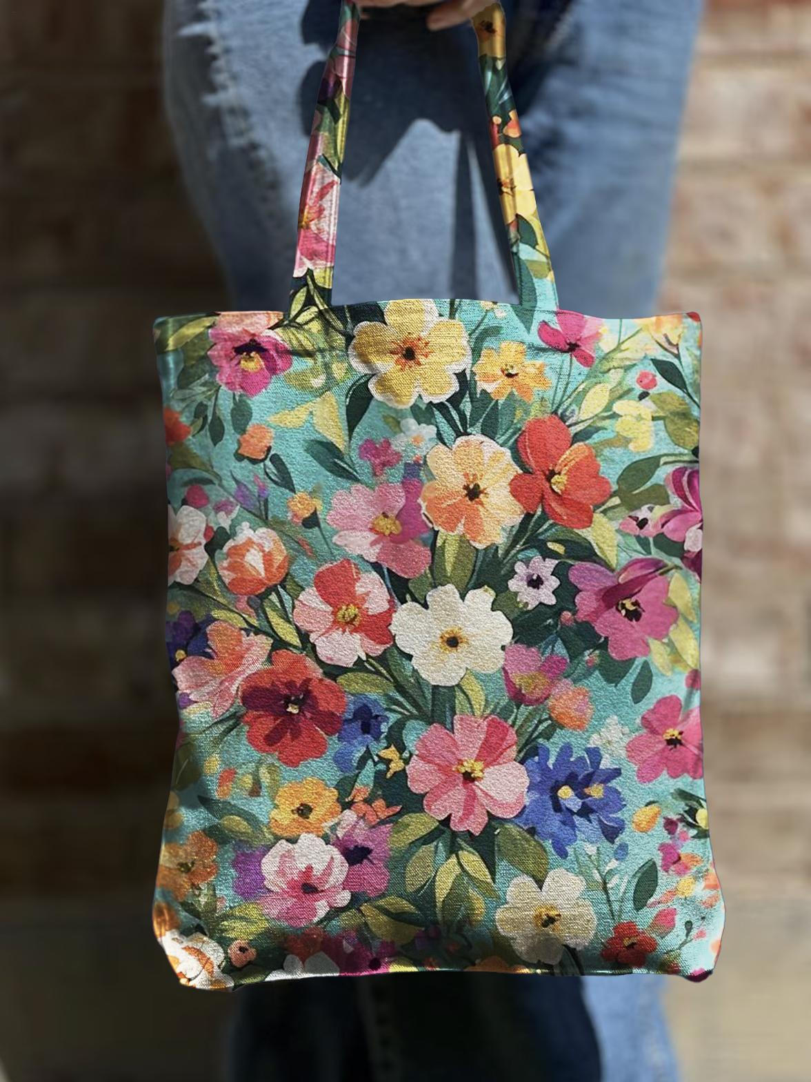 Summer Vacation Flower Print Shoulder Zipper Canvas Bag