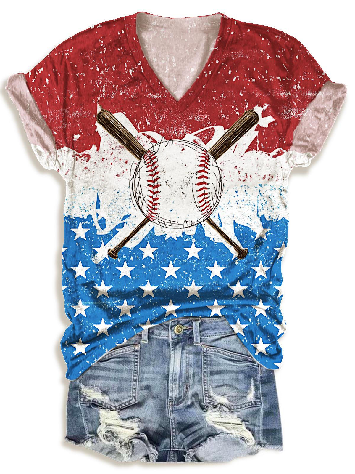 Retro Baseball Flag Print V-Neck T-Shirt