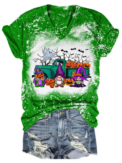 Spooky Pumpkin Truck Gnomes Tie Dye V Neck T-Shirt