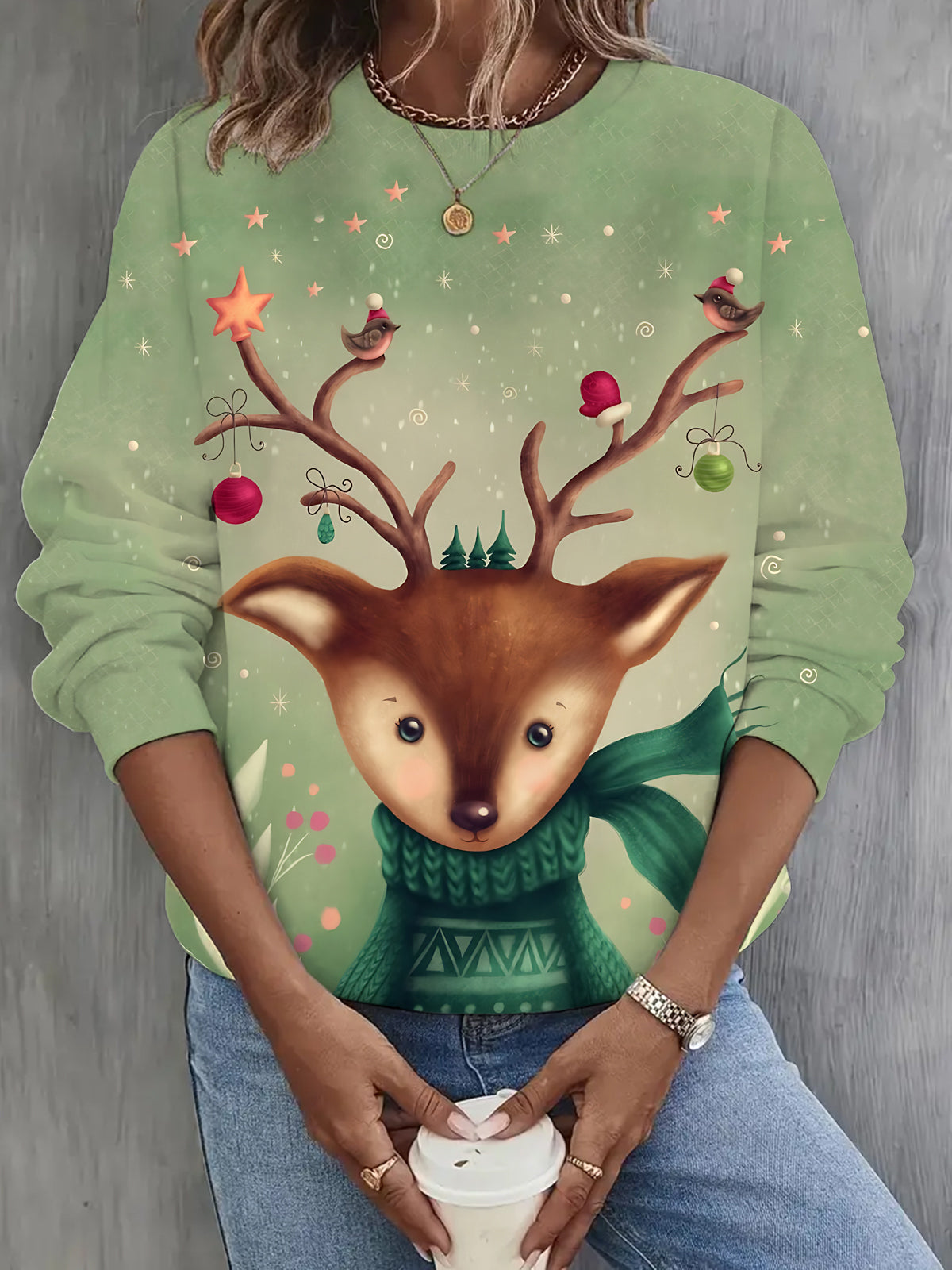 Cute Deer Print Long Sleeve Casual Top