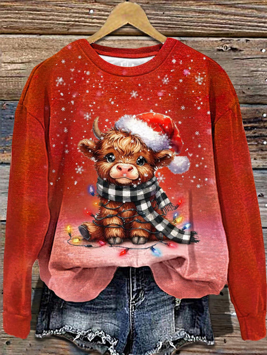 Women's Christmas Lights Highland Cow Crew Neck Casual Sweatshirt