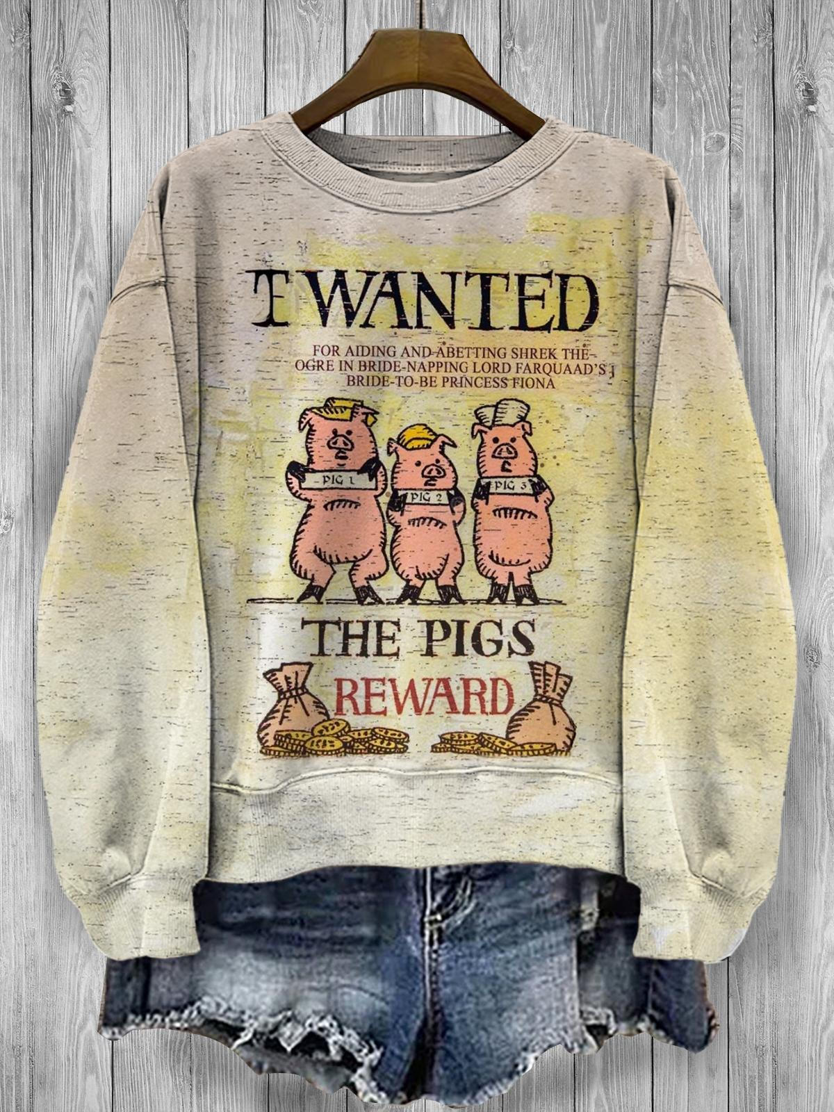 I Wanted The Pigs Reward Wealth Retro Print Long Sleeve Top