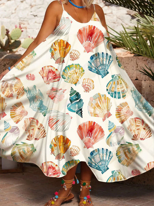 Women's Shell Watercolor Print Casual Spaghetti Strap Dress