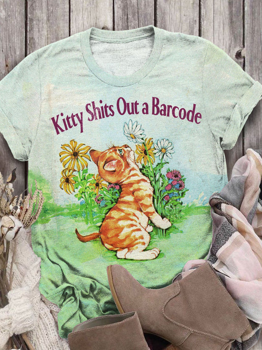 Kitty Shits Out A Barcode Vintage Funny Cat Print T-shirt