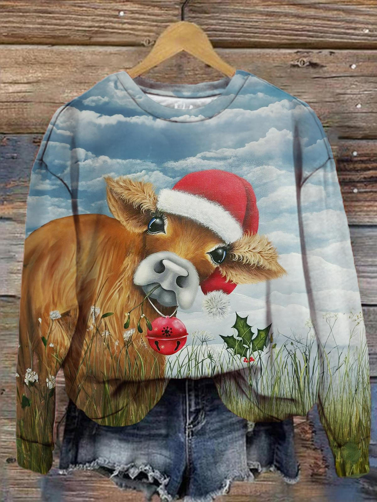 Women's Christmas Cute Cow Ranch Print Casual Long Sleeve Top